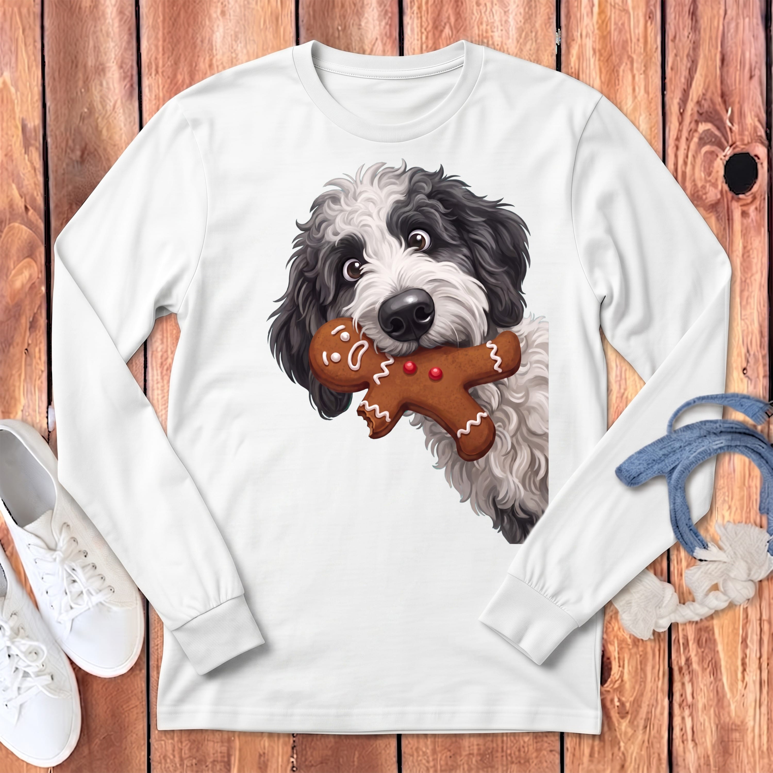 Sheepadoodle Cookie Thief Long Sleeve T-Shirt in White / S by Puppy Jo
