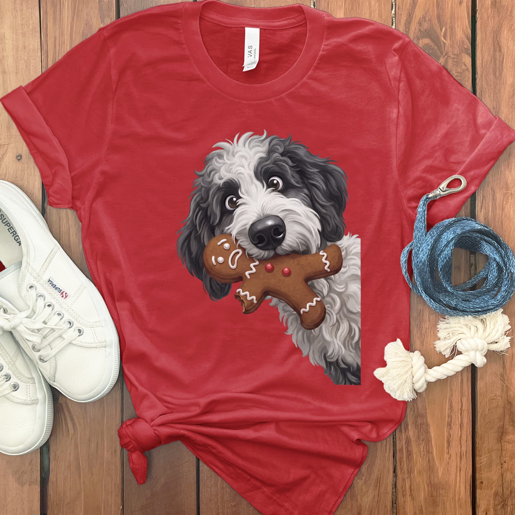 Sheepadoodle Cookie Thief T-Shirt in Red / S by Puppy Jo