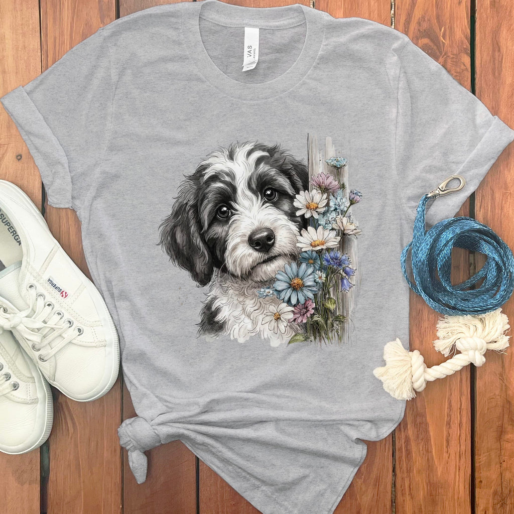 Sheepadoodle Daisy Peeking T-Shirt in Athletic Heather / S by Puppy Jo