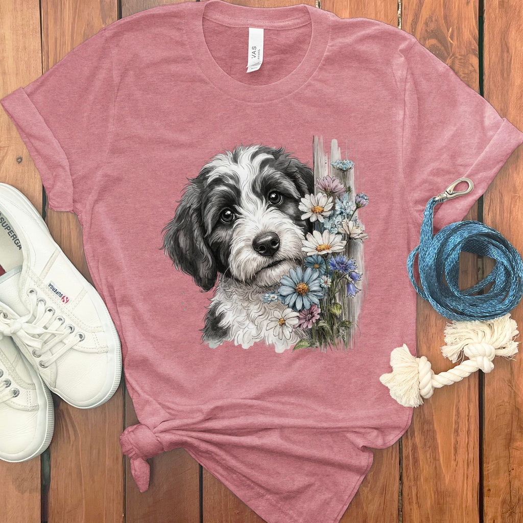 Sheepadoodle Daisy Peeking T-Shirt in Heather Mauve / S by Puppy Jo