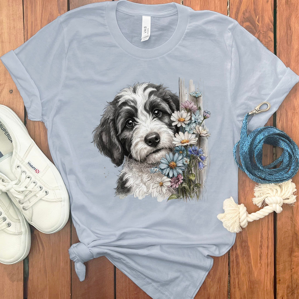 Sheepadoodle Daisy Peeking T-Shirt in Light Blue / S by Puppy Jo