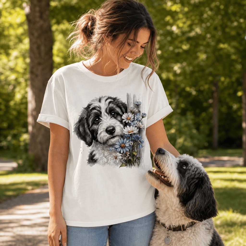 Sheepadoodle Daisy Peeking T-Shirt in by Puppy Jo