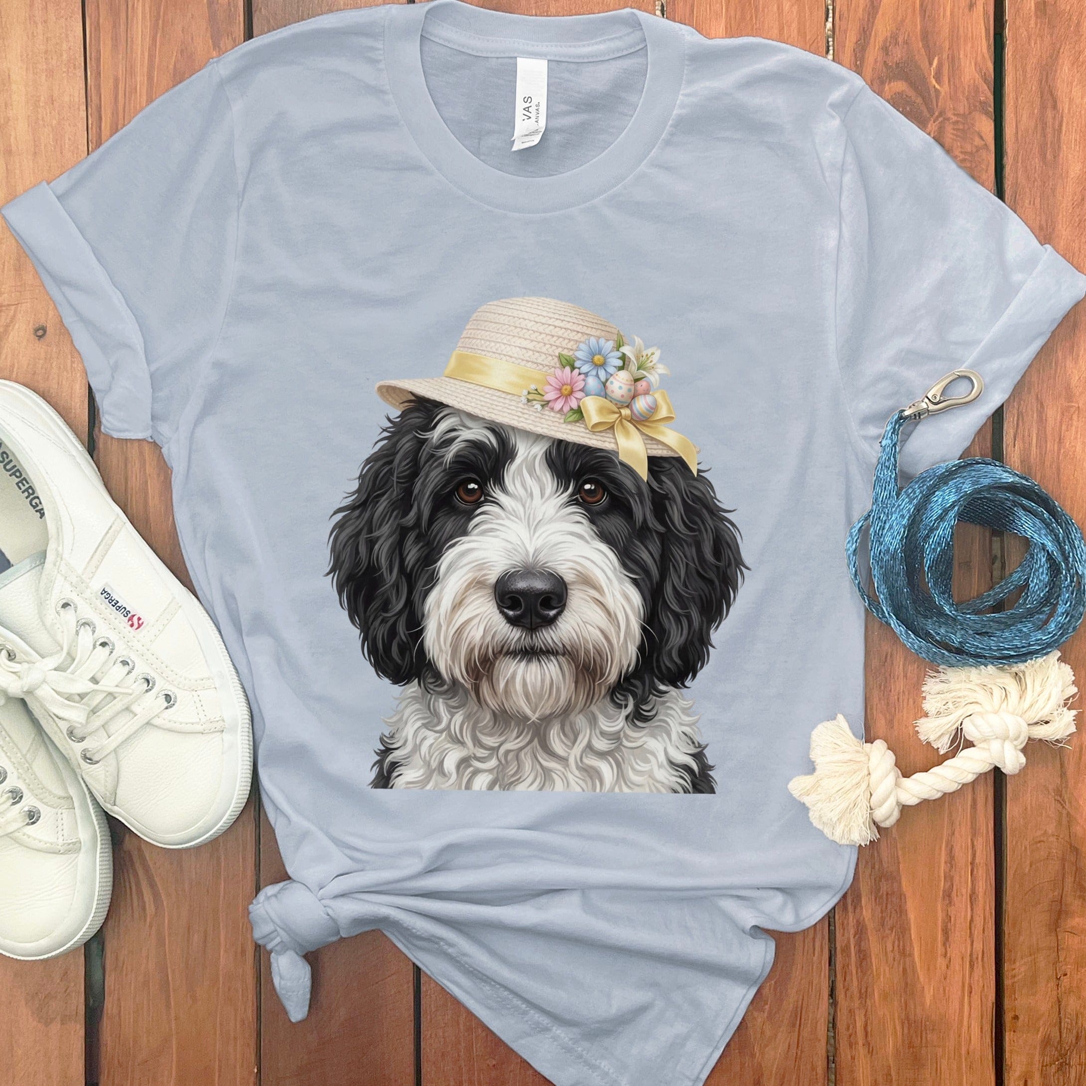 Sheepadoodle Easter T-Shirt in Light Blue / M by Puppy Jo