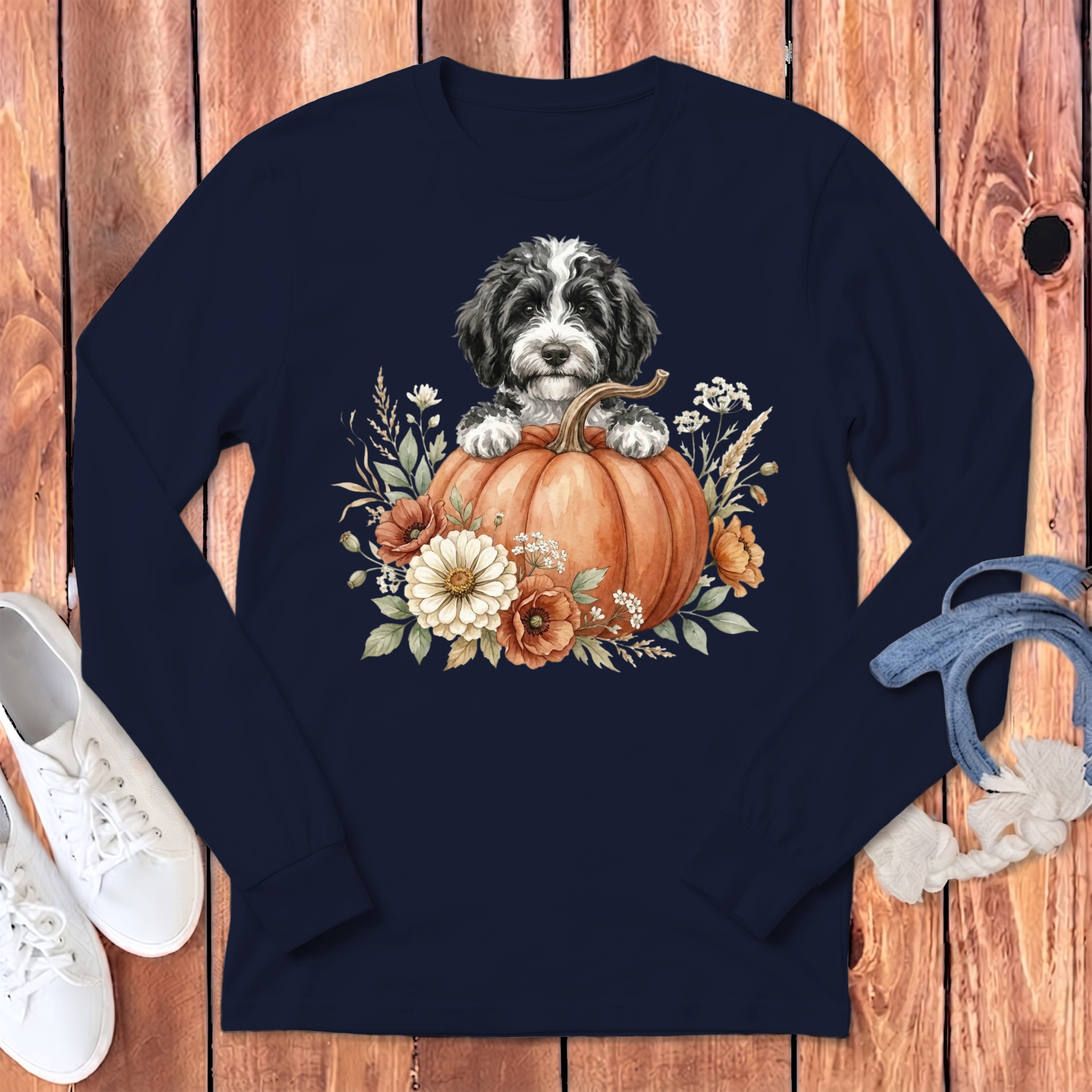 Sheepadoodle Fall Long Sleeve T-Shirt in Navy / S by Puppy Jo