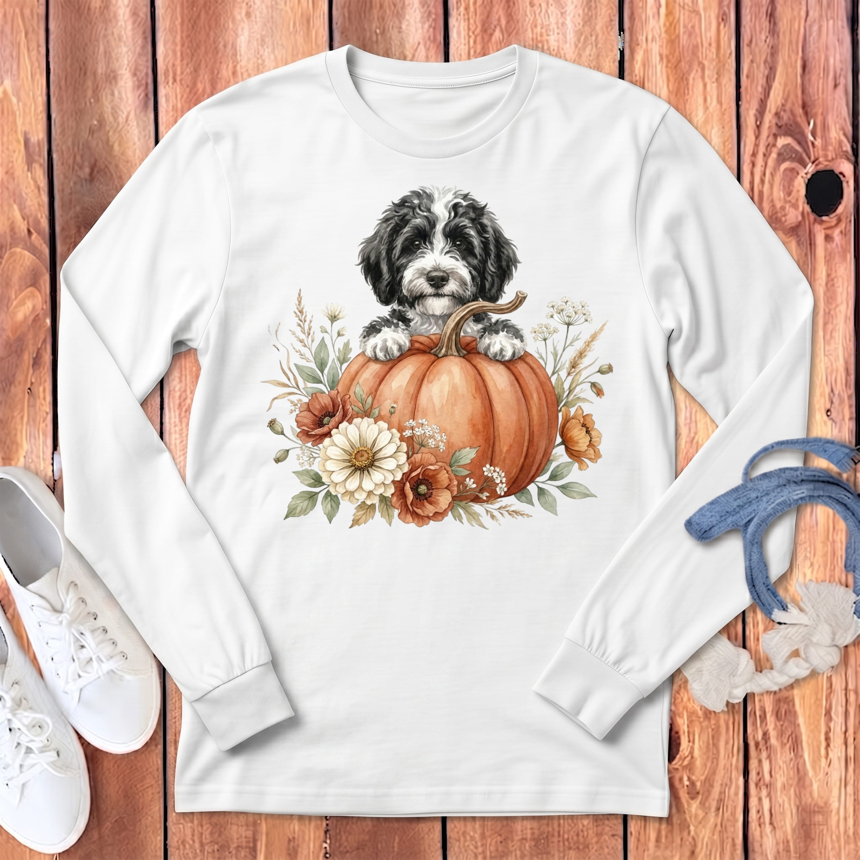 Sheepadoodle Fall Long Sleeve T-Shirt in White / S by Puppy Jo