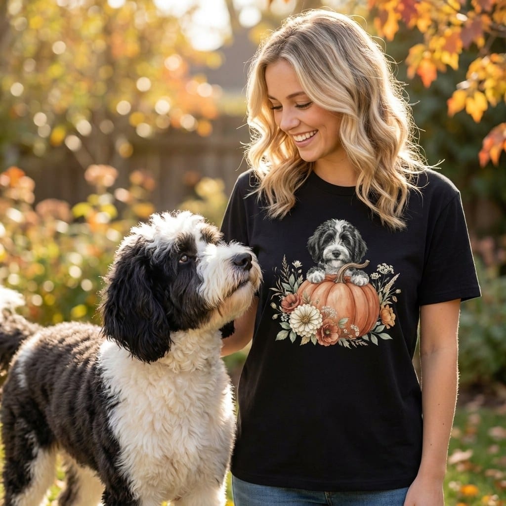 Sheepadoodle Fall T-Shirt in by Puppy Jo