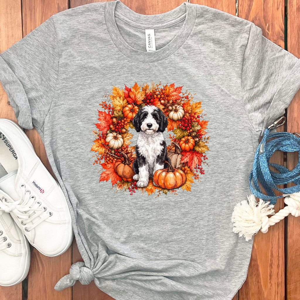 Sheepadoodle Fall Wreath T-Shirt in Athletic Heather / S by Puppy Jo