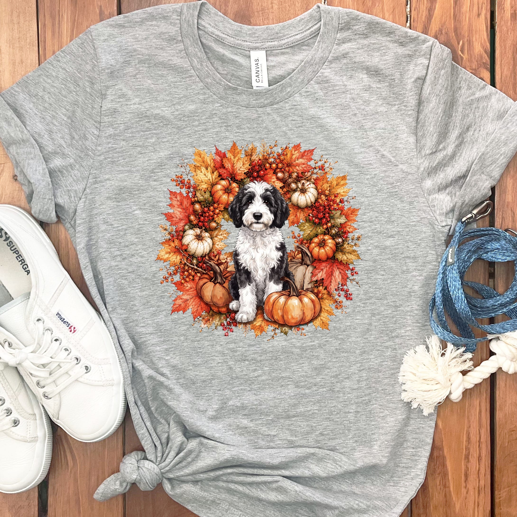 Sheepadoodle Fall Wreath T-Shirt in Athletic Heather / S by Puppy Jo