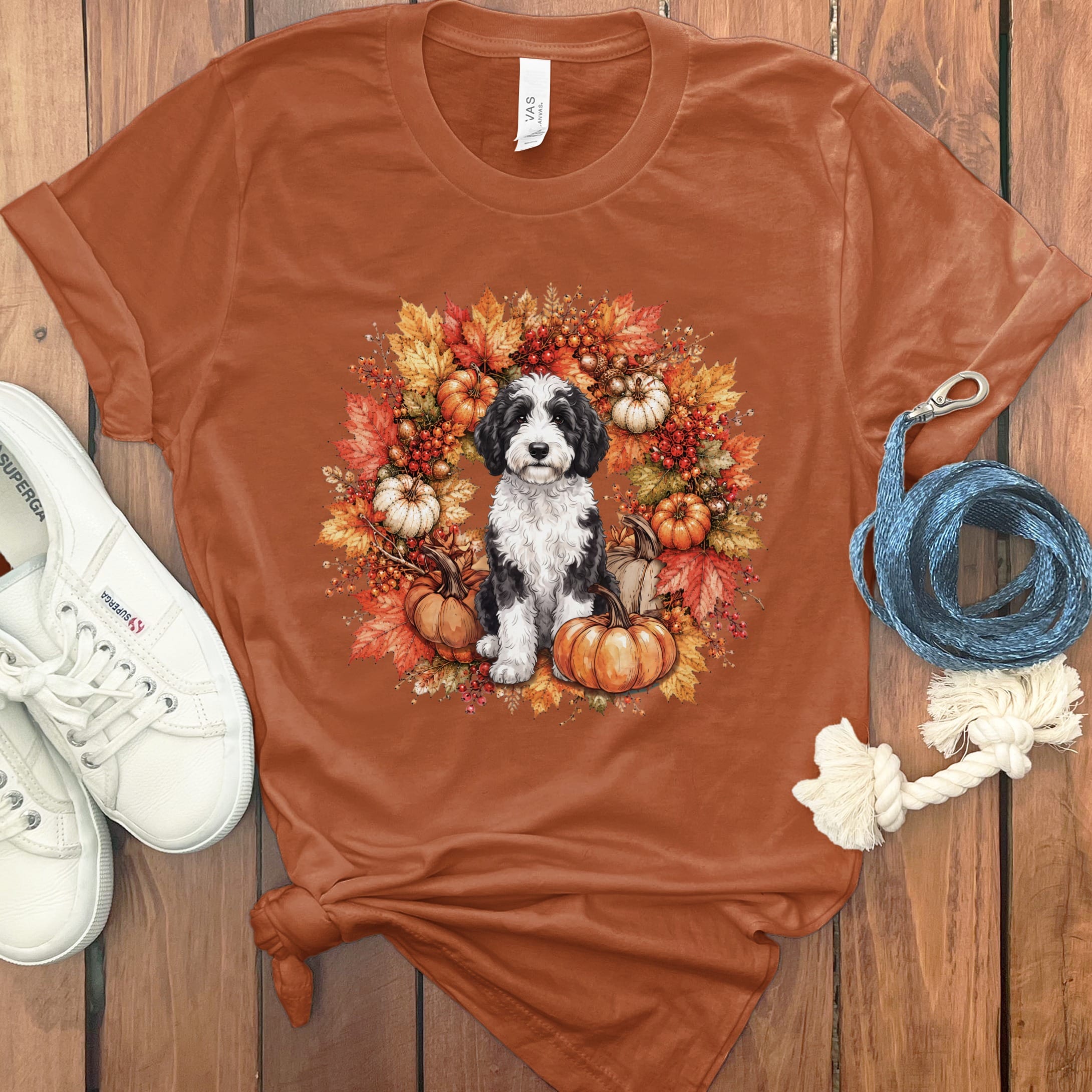 Sheepadoodle Fall Wreath T-Shirt in Autumn / S by Puppy Jo