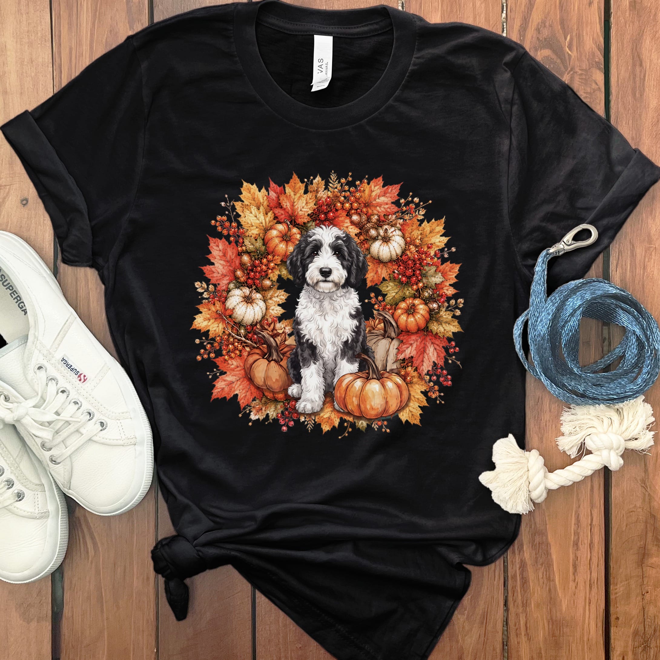 Sheepadoodle Fall Wreath T-Shirt in Black / S by Puppy Jo