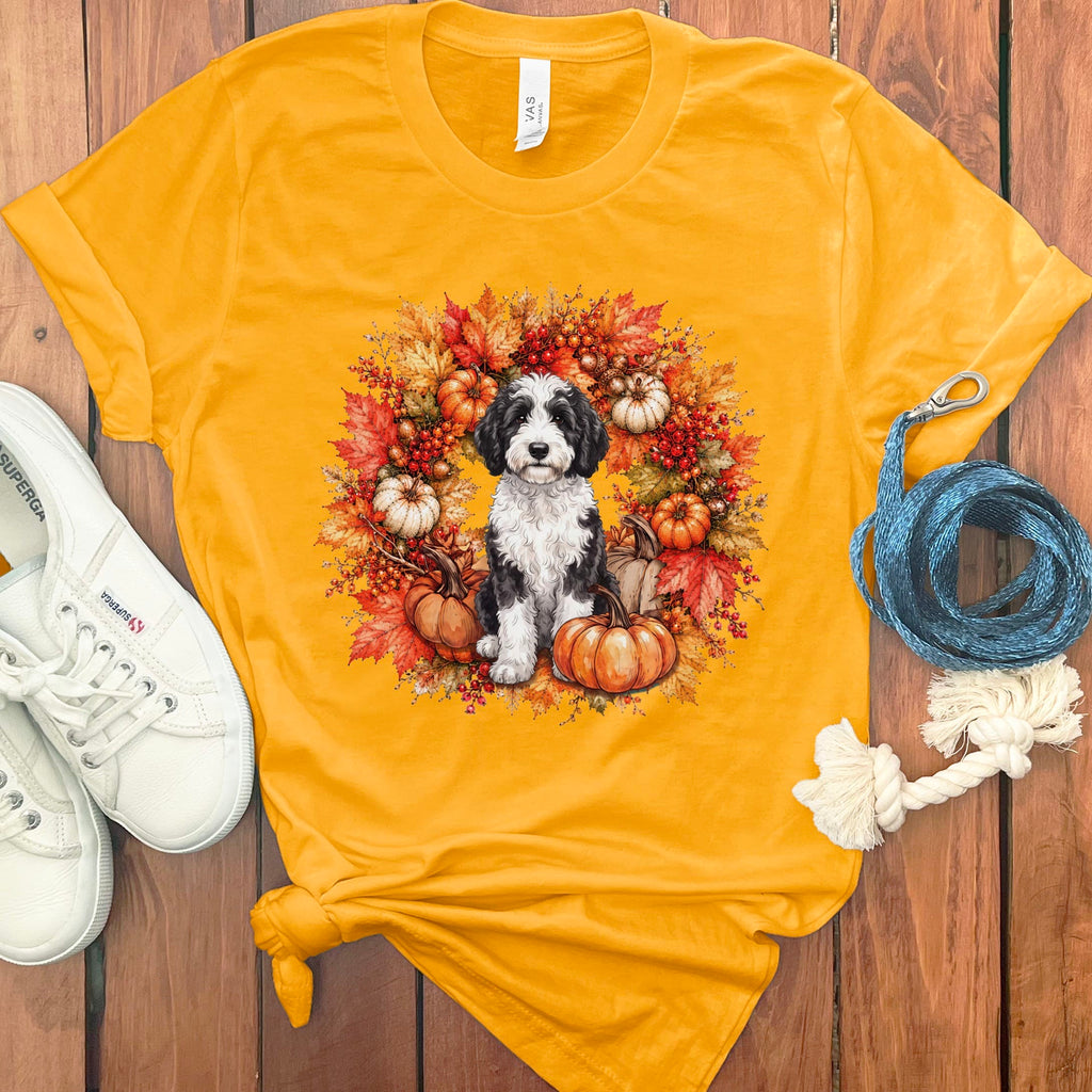 Sheepadoodle Fall Wreath T-Shirt in Gold / S by Puppy Jo