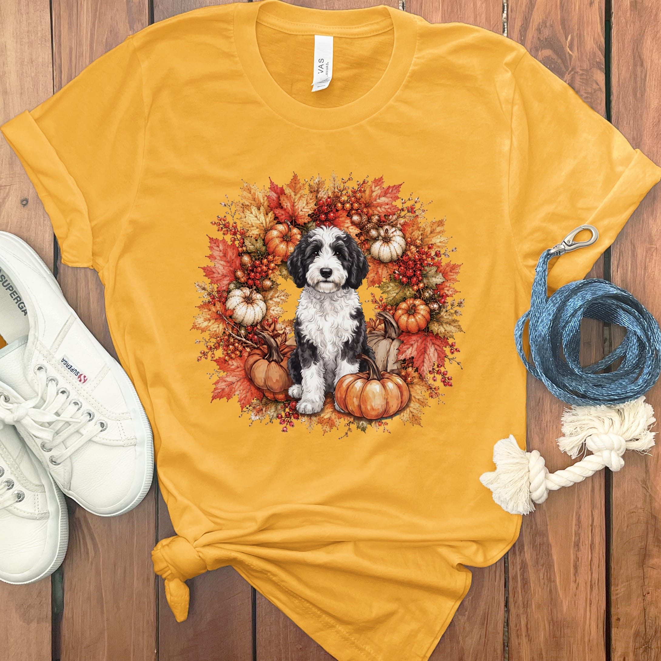 Sheepadoodle Fall Wreath T-Shirt in Gold / S by Puppy Jo