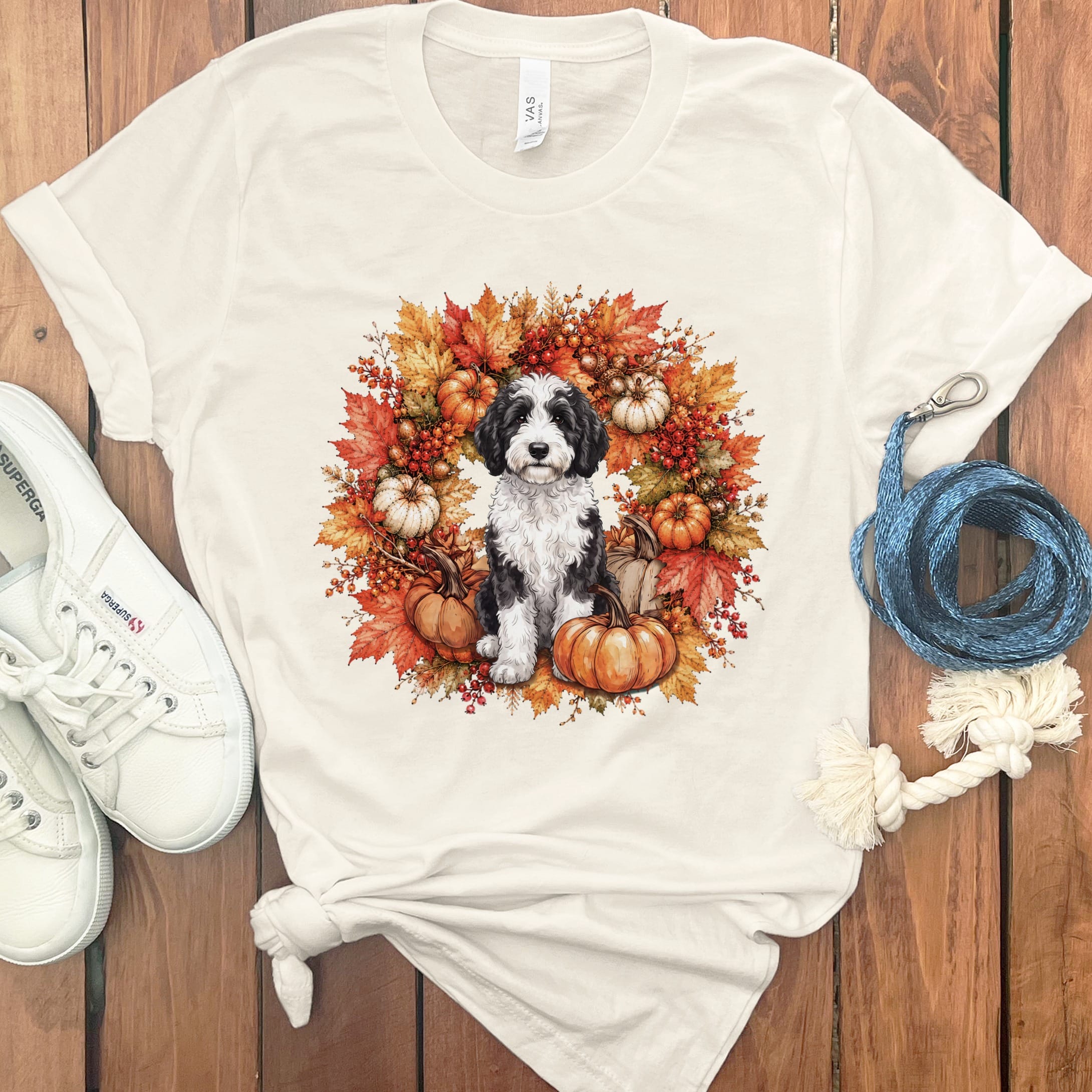 Sheepadoodle Fall Wreath T-Shirt in Natural / S by Puppy Jo