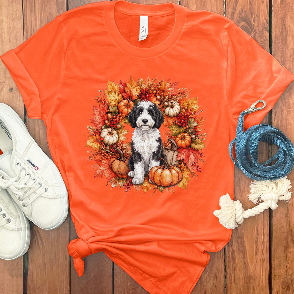 Sheepadoodle Fall Wreath T-Shirt in Orange / S by Puppy Jo