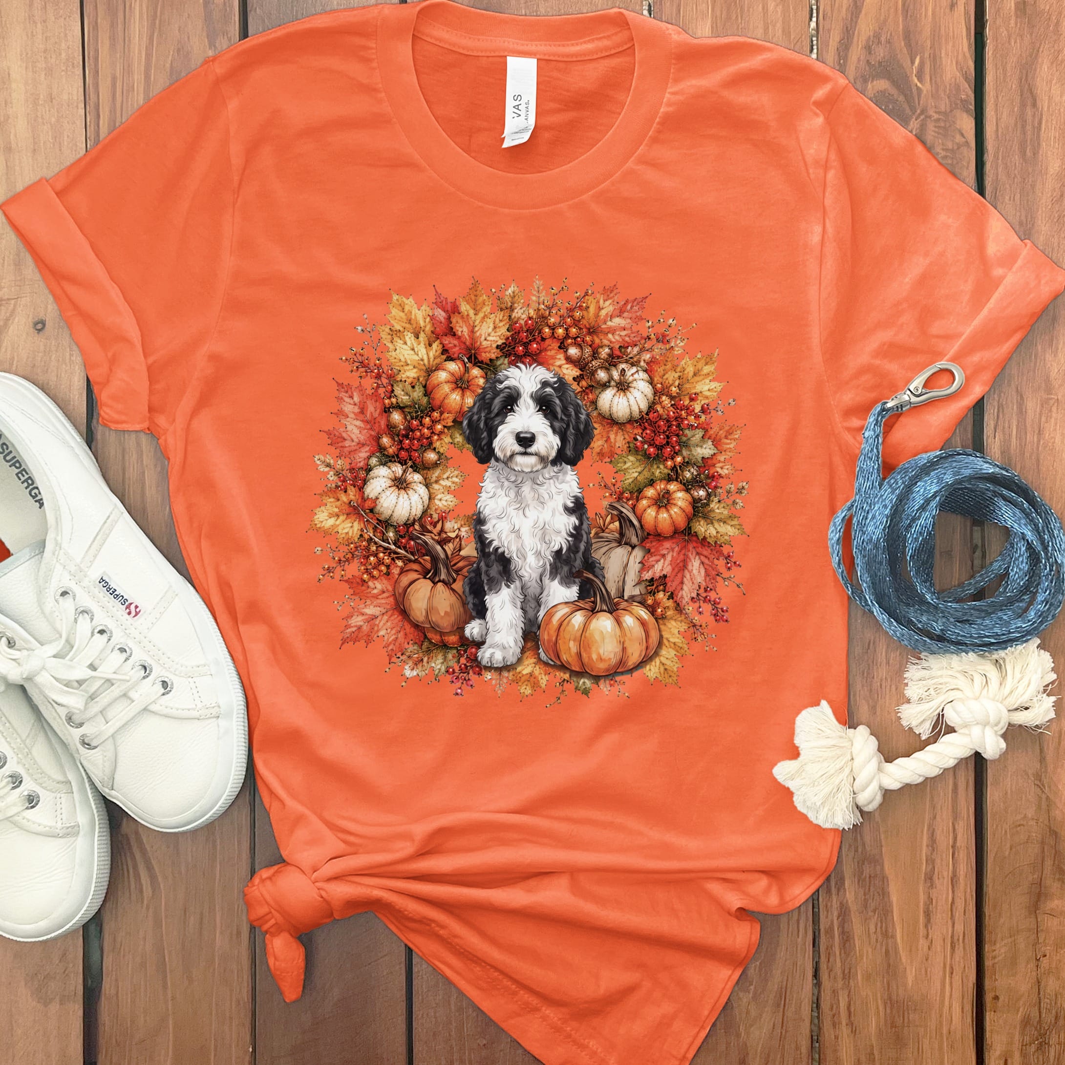 Sheepadoodle Fall Wreath T-Shirt in Orange / S by Puppy Jo