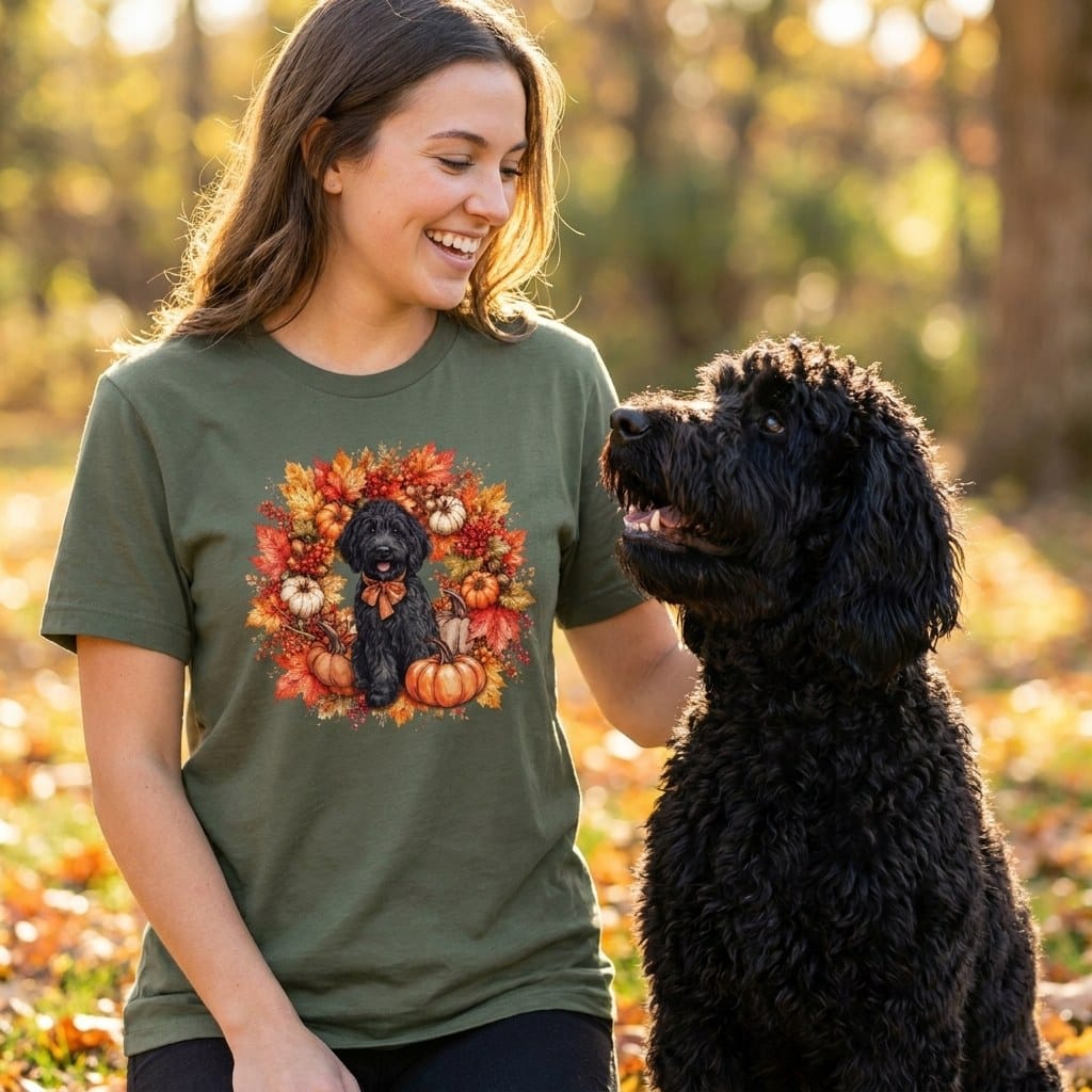Sheepadoodle Fall Wreath T-Shirt in by Puppy Jo