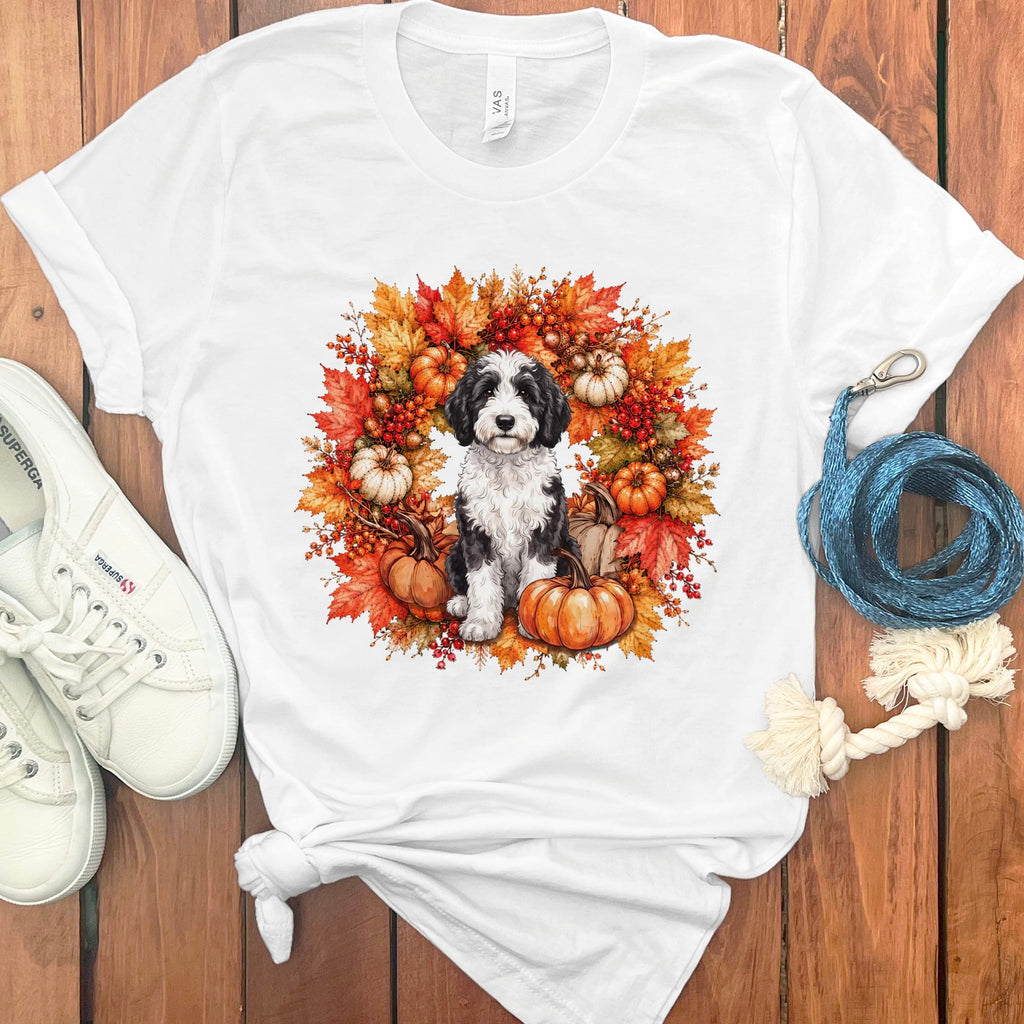 Sheepadoodle Fall Wreath T-Shirt in White / S by Puppy Jo