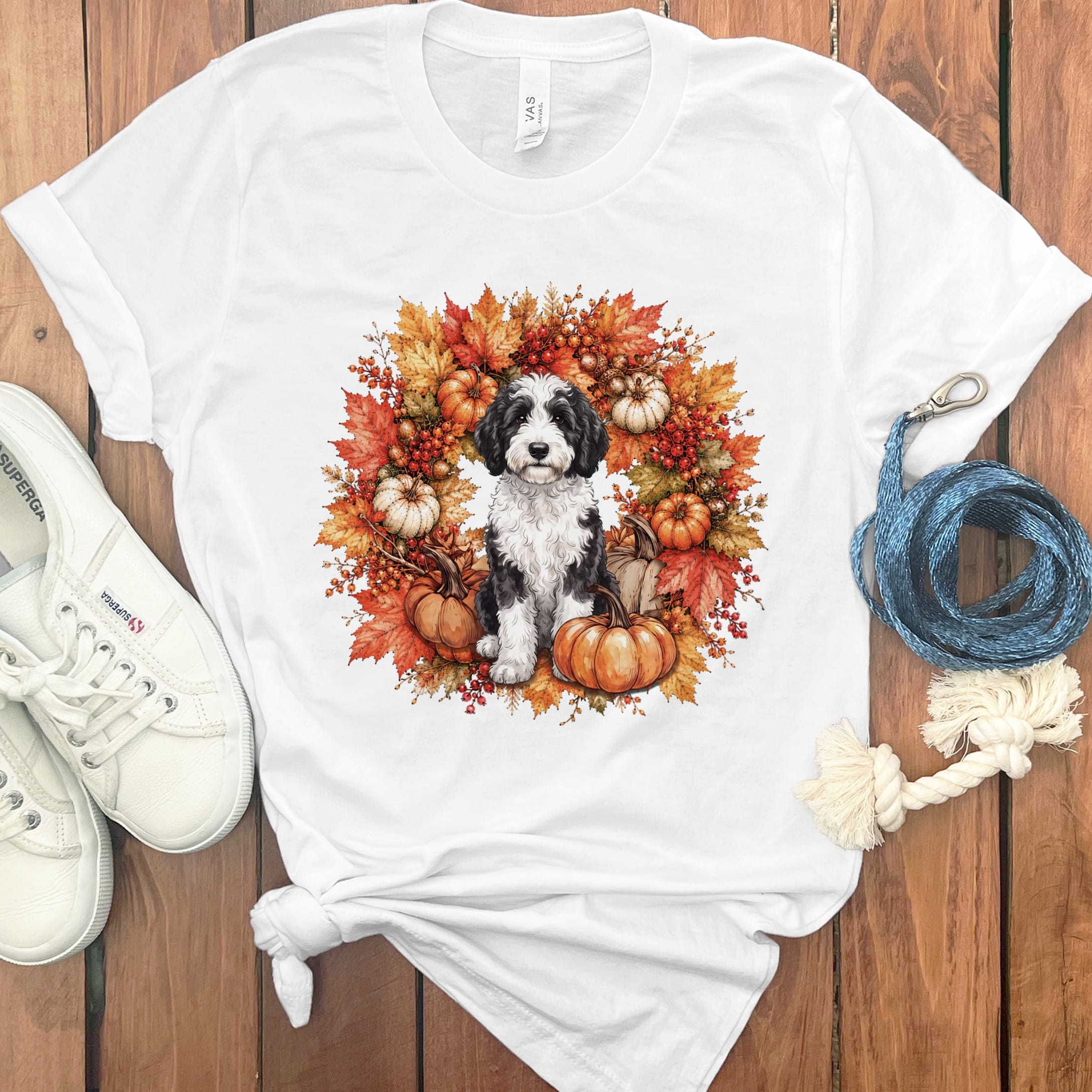 Sheepadoodle Fall Wreath T-Shirt in White / S by Puppy Jo