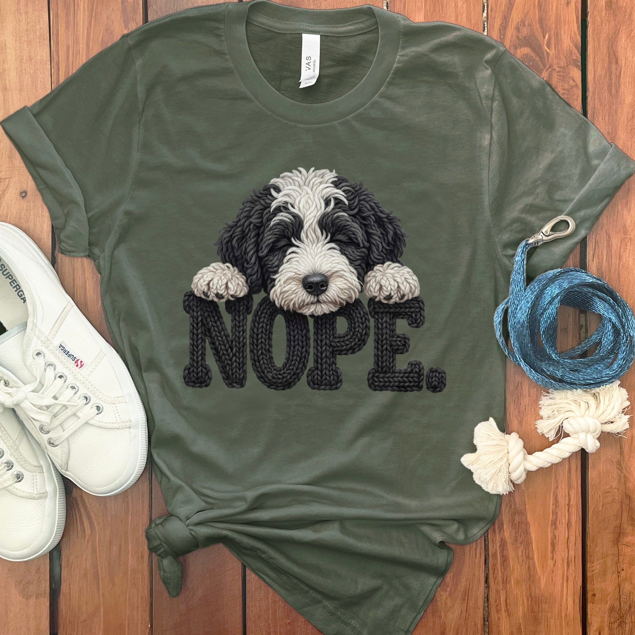 Sheepadoodle Faux Yarn Nope T-Shirt in Military Green / S by Puppy Jo