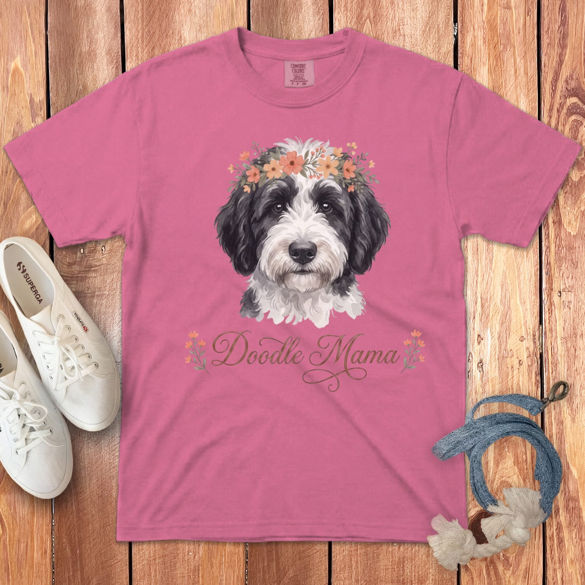 Sheepadoodle Floral Crown Signature T-Shirt in Crunchberry / S by Puppy Jo