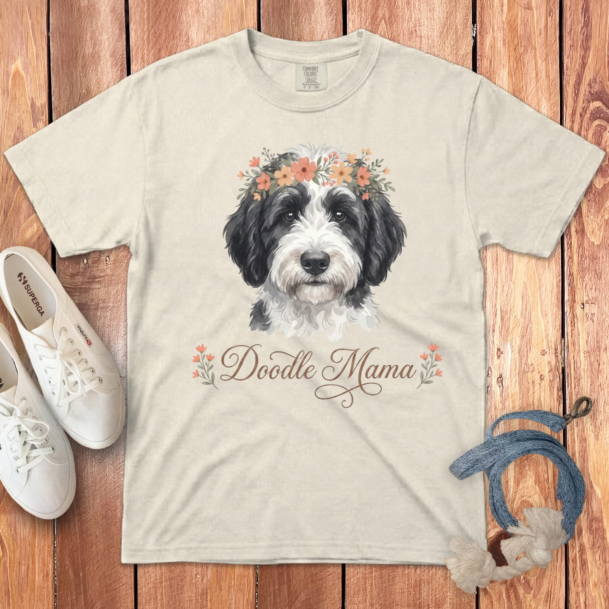 Sheepadoodle Floral Crown Signature T-Shirt in Ivory / S by Puppy Jo