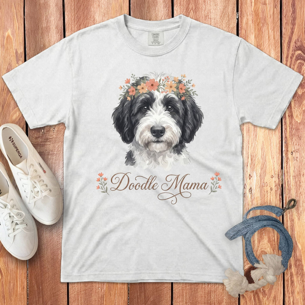 Sheepadoodle Floral Crown Signature T-Shirt in White / S by Puppy Jo