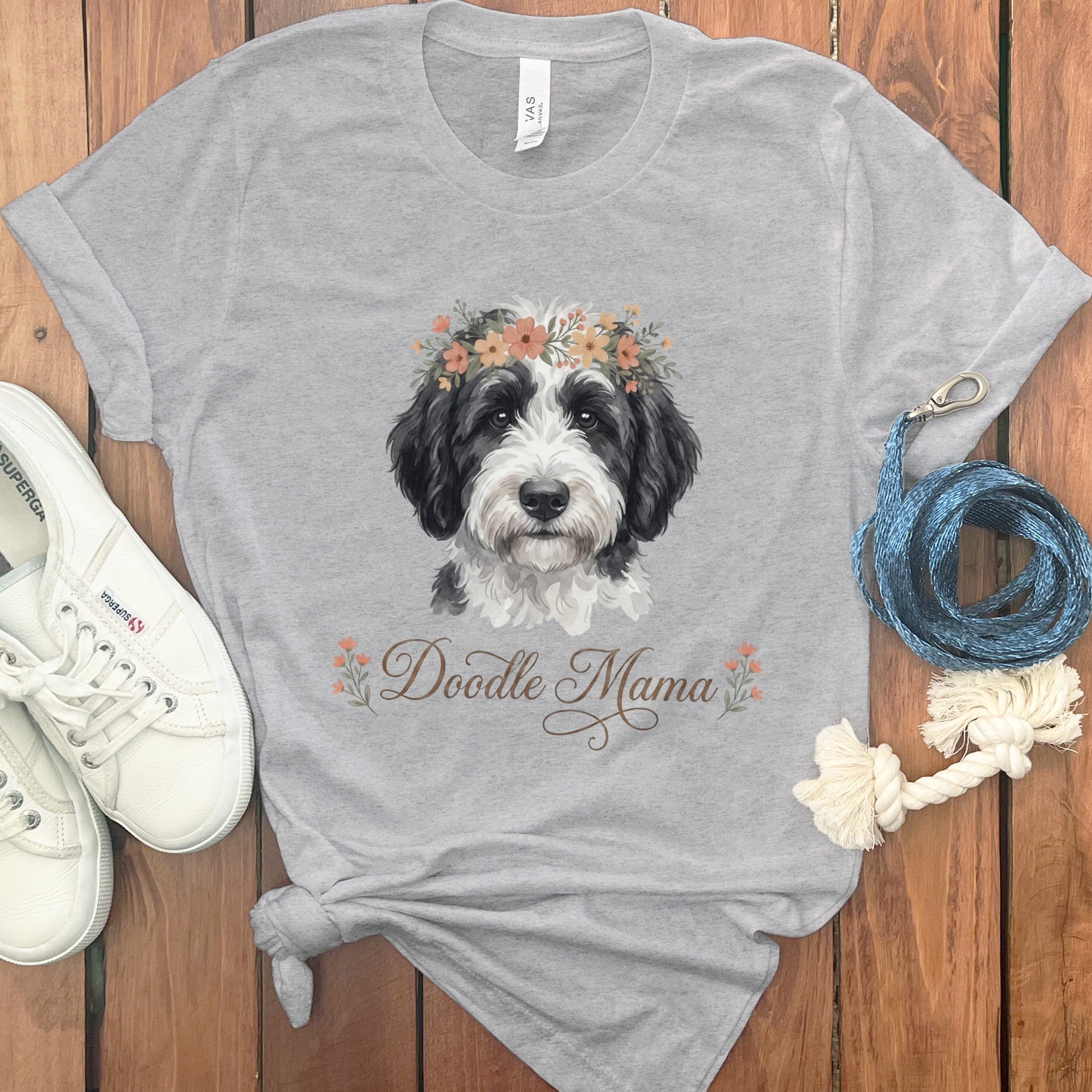 Sheepadoodle Floral Crown T-Shirt in Athletic Heather / S by Puppy Jo