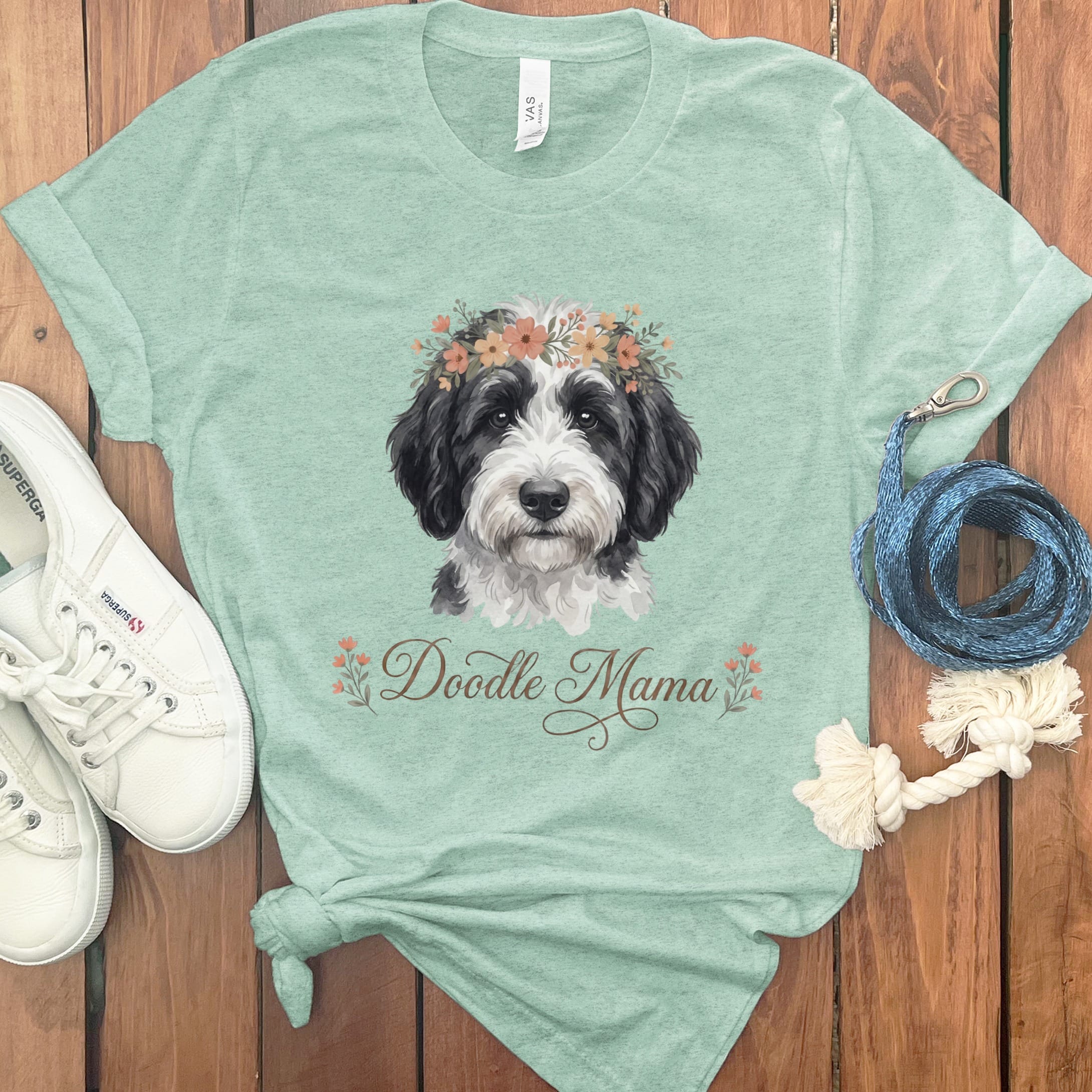 Sheepadoodle Floral Crown T-Shirt in Heather Mint / XL by Puppy Jo