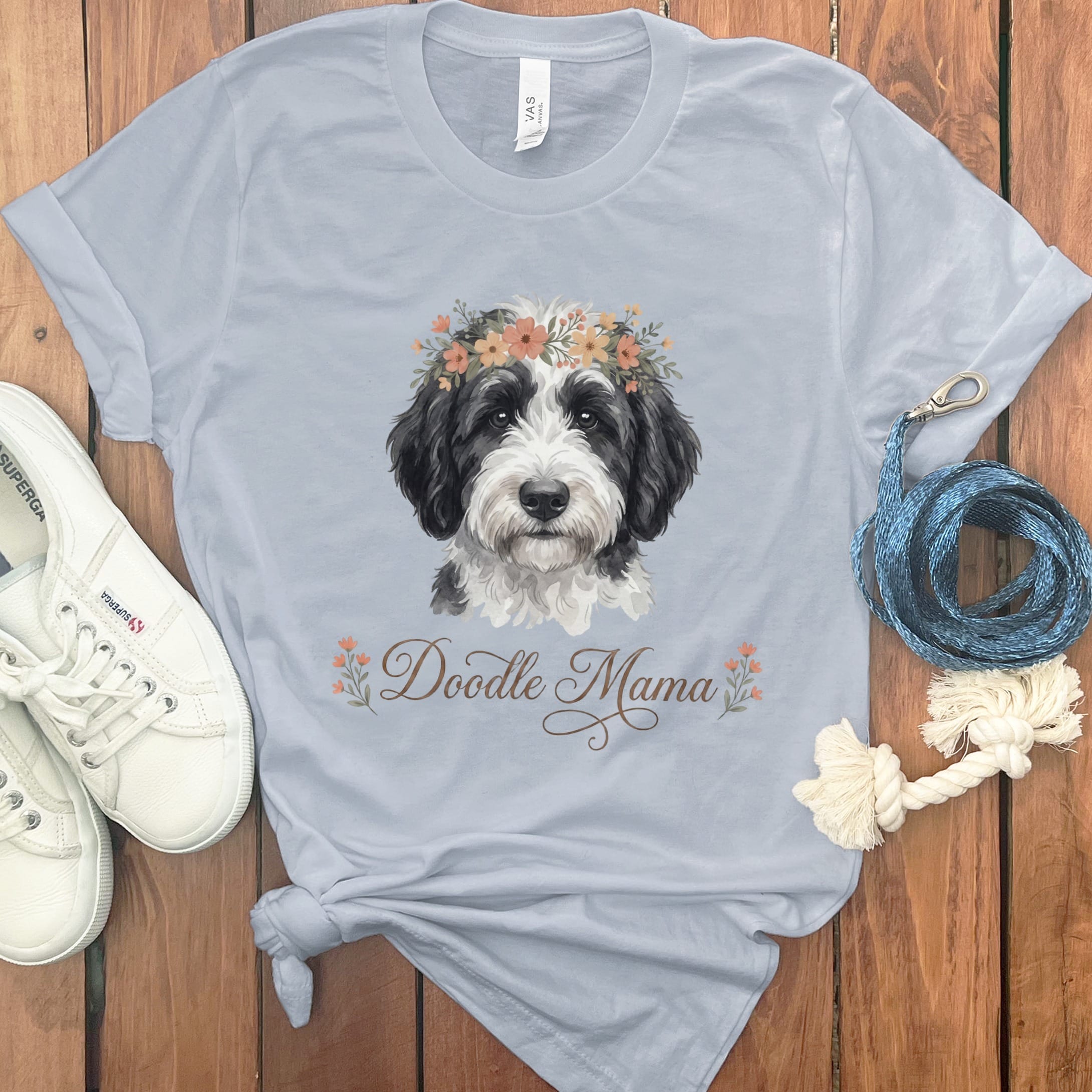 Sheepadoodle Floral Crown T-Shirt in Light Blue / S by Puppy Jo