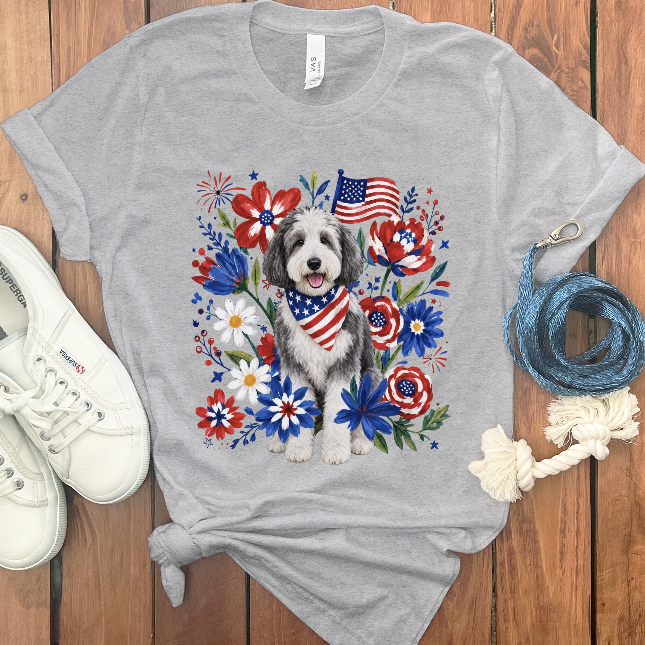 Sheepadoodle Floral Spirit T-Shirt in Athletic Heather / S by Puppy Jo