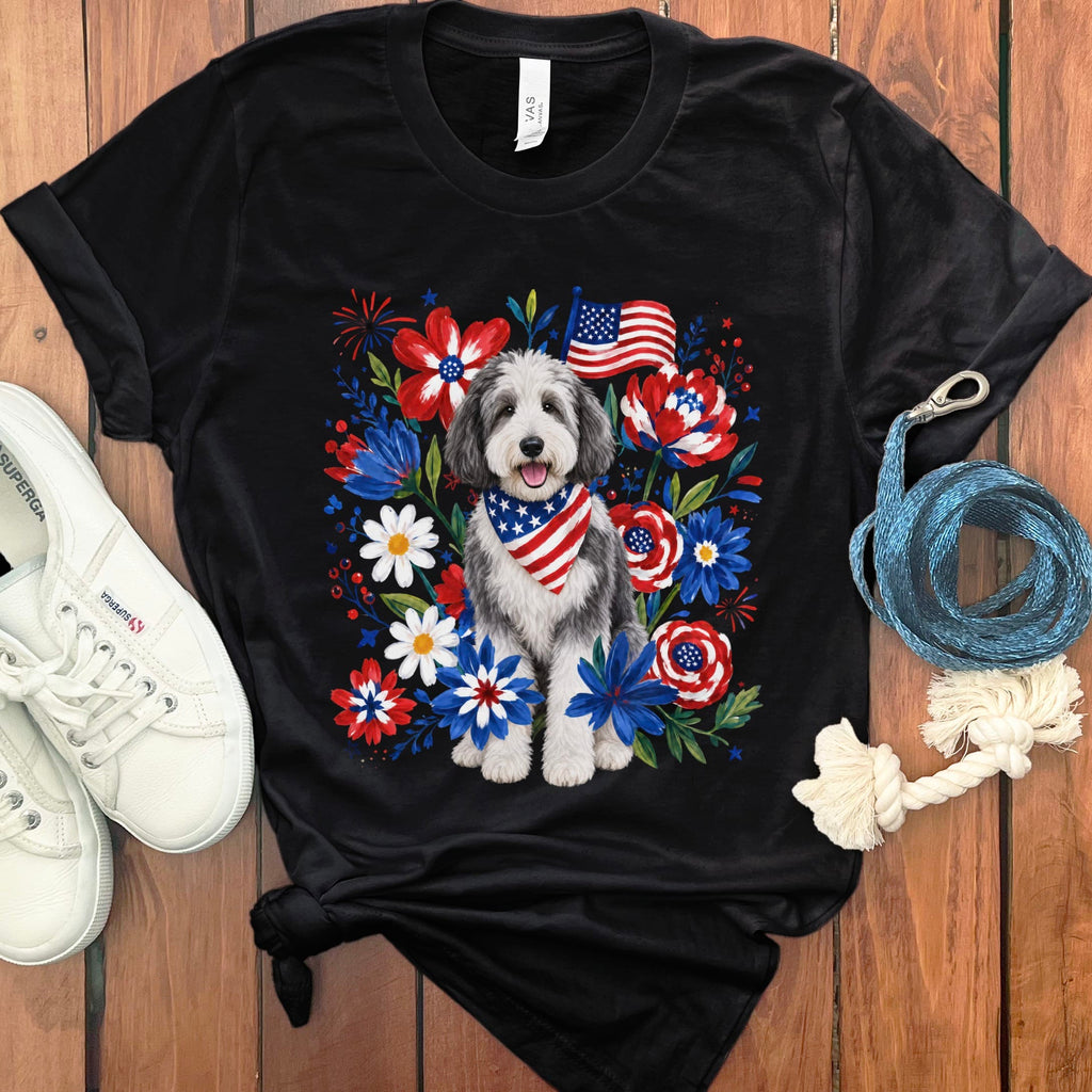 Sheepadoodle Floral Spirit T-Shirt in Black / S by Puppy Jo