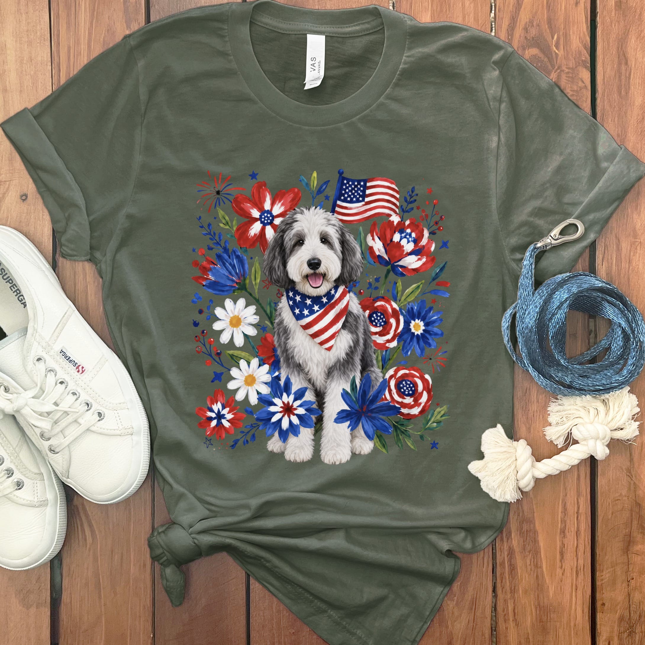 Sheepadoodle Floral Spirit T-Shirt in Military Green / S by Puppy Jo