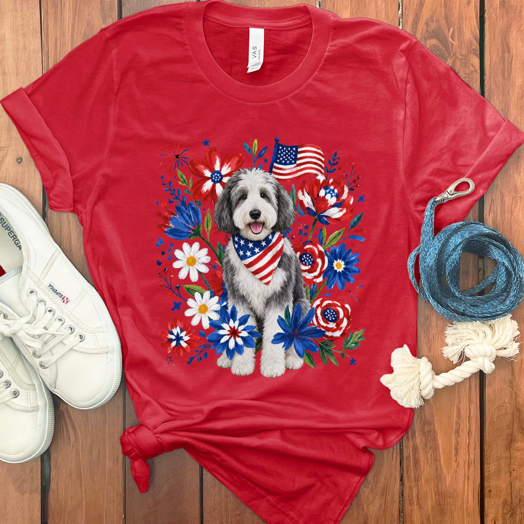 Sheepadoodle Floral Spirit T-Shirt in Red / S by Puppy Jo