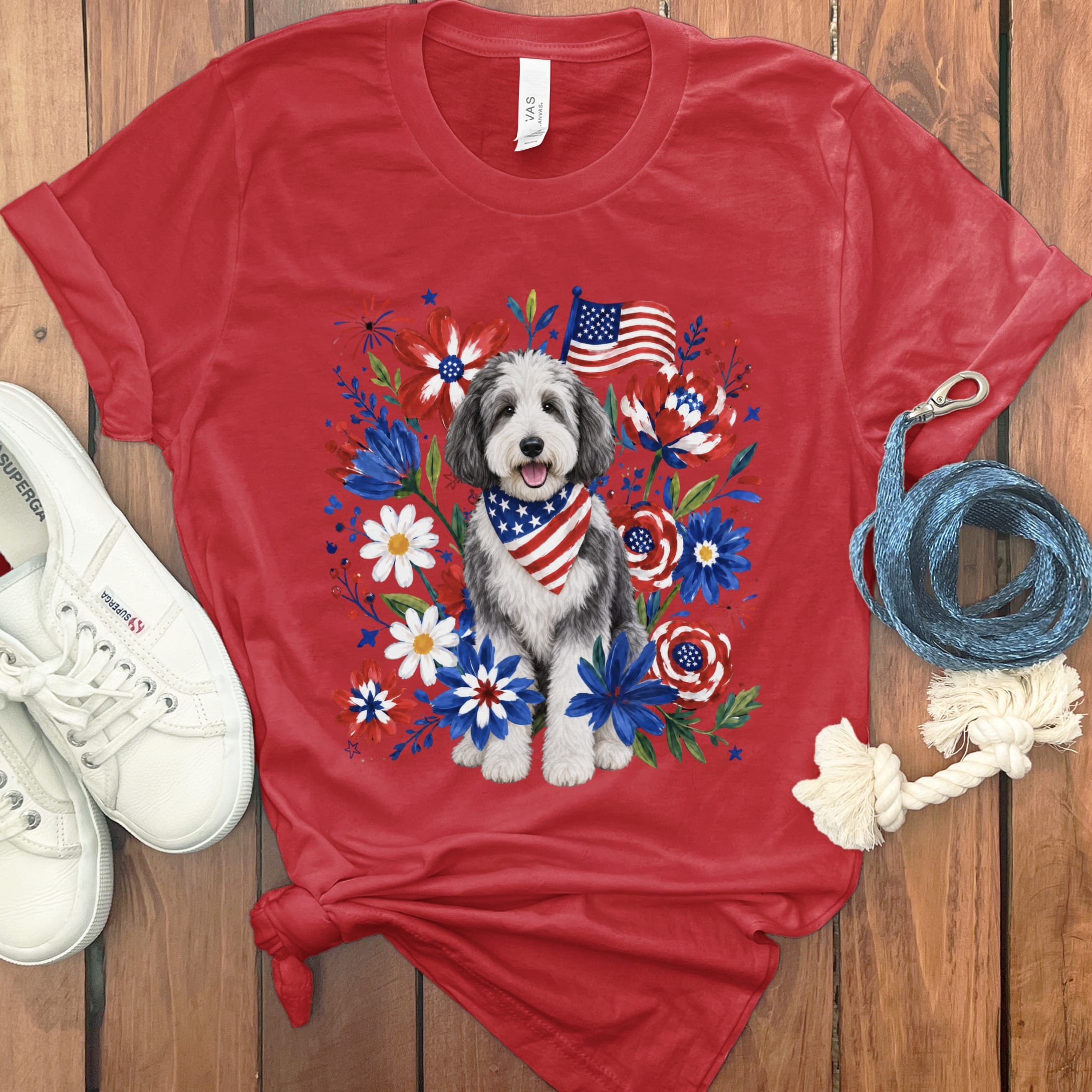 Sheepadoodle Floral Spirit T-Shirt in Red / S by Puppy Jo