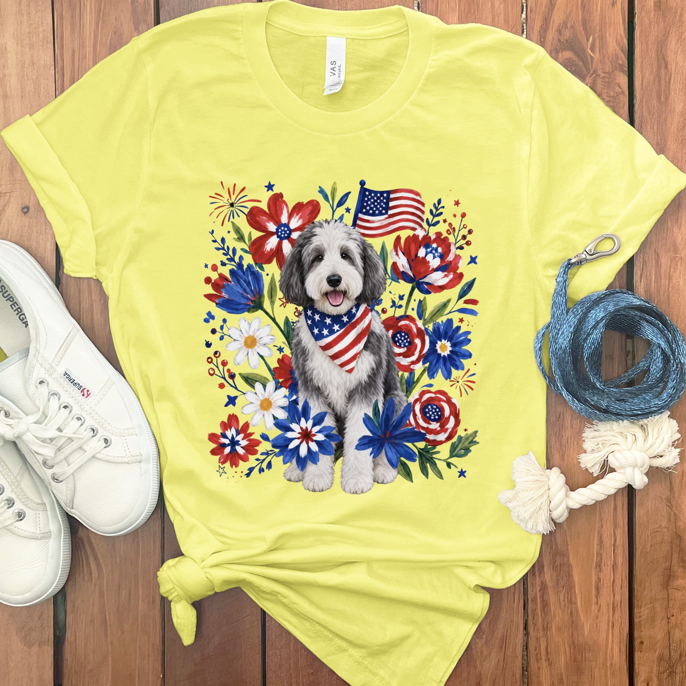 Sheepadoodle Floral Spirit T-Shirt in Yellow / S by Puppy Jo