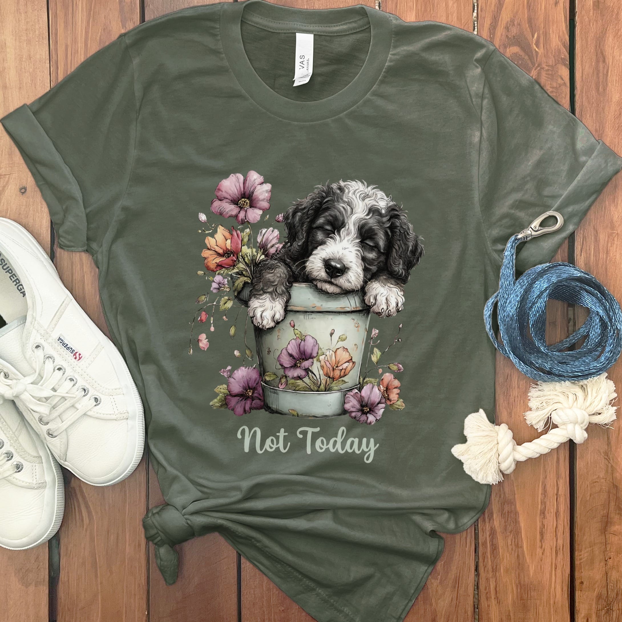 Sheepadoodle Flower Pot T-Shirt in Military Green / S by Puppy Jo