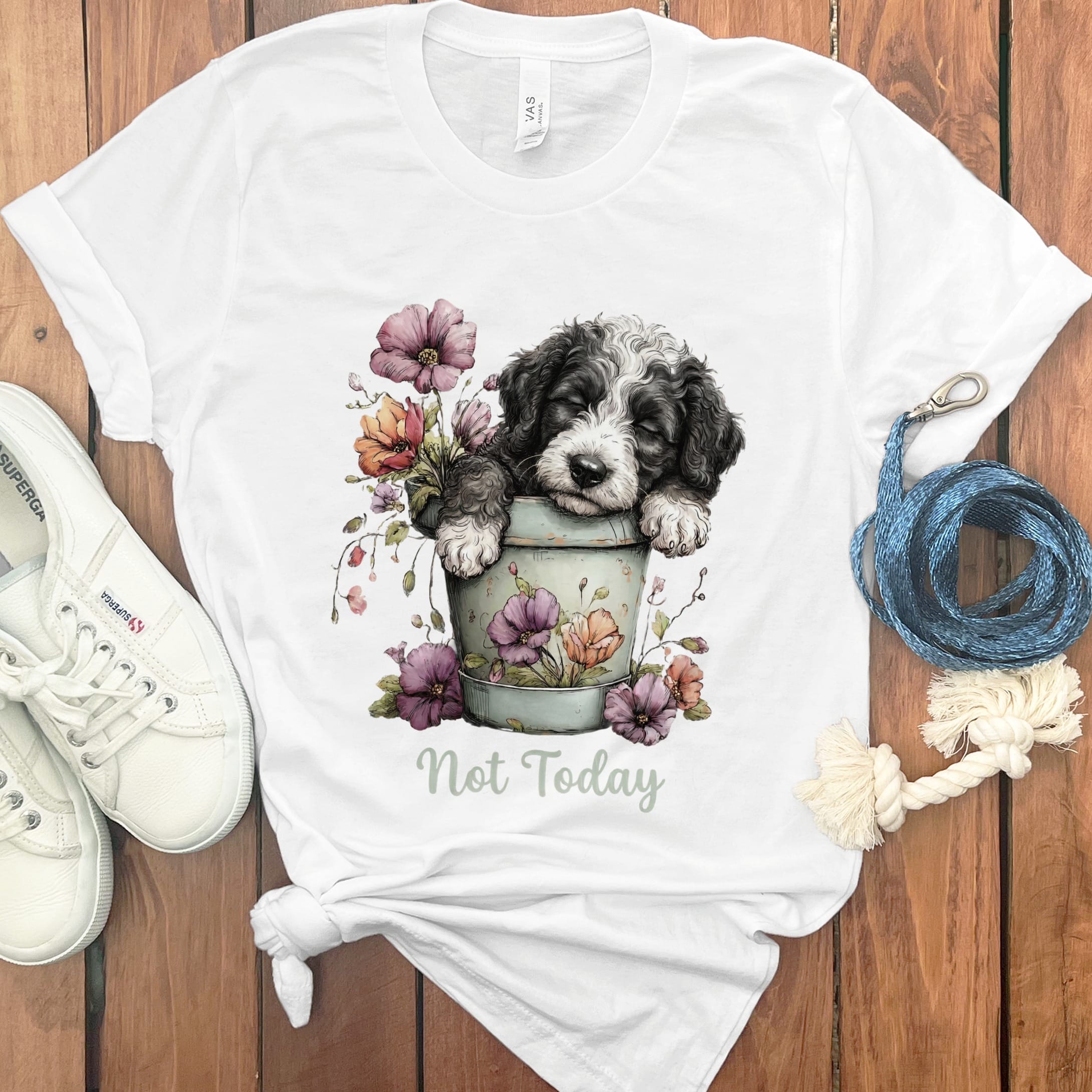 Sheepadoodle Flower Pot T-Shirt in White / S by Puppy Jo