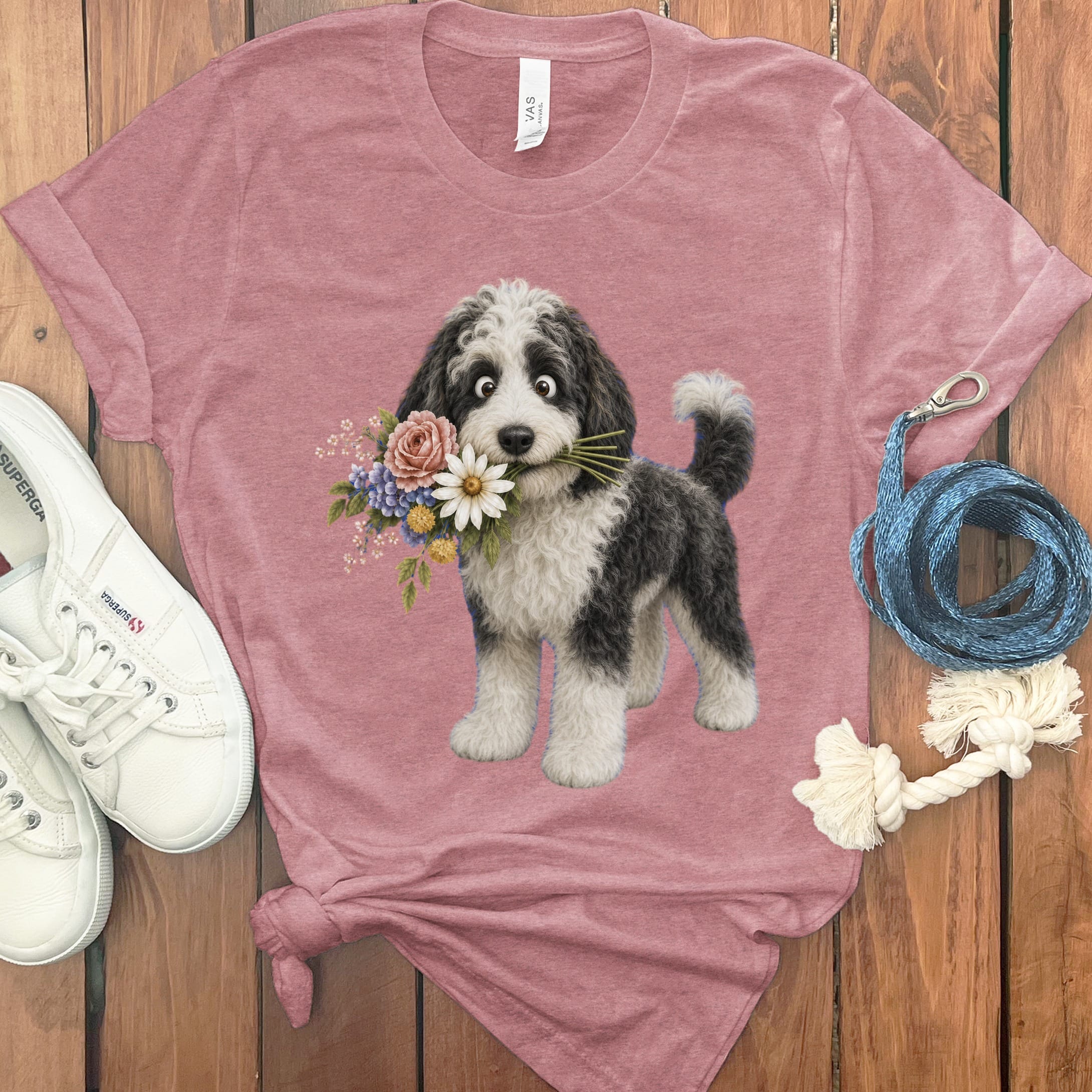 Sheepadoodle Flower Shop T-Shirt in Heather Mauve / S by Puppy Jo