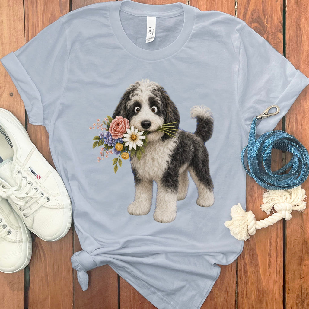 Sheepadoodle Flower Shop T-Shirt in Light Blue / S by Puppy Jo