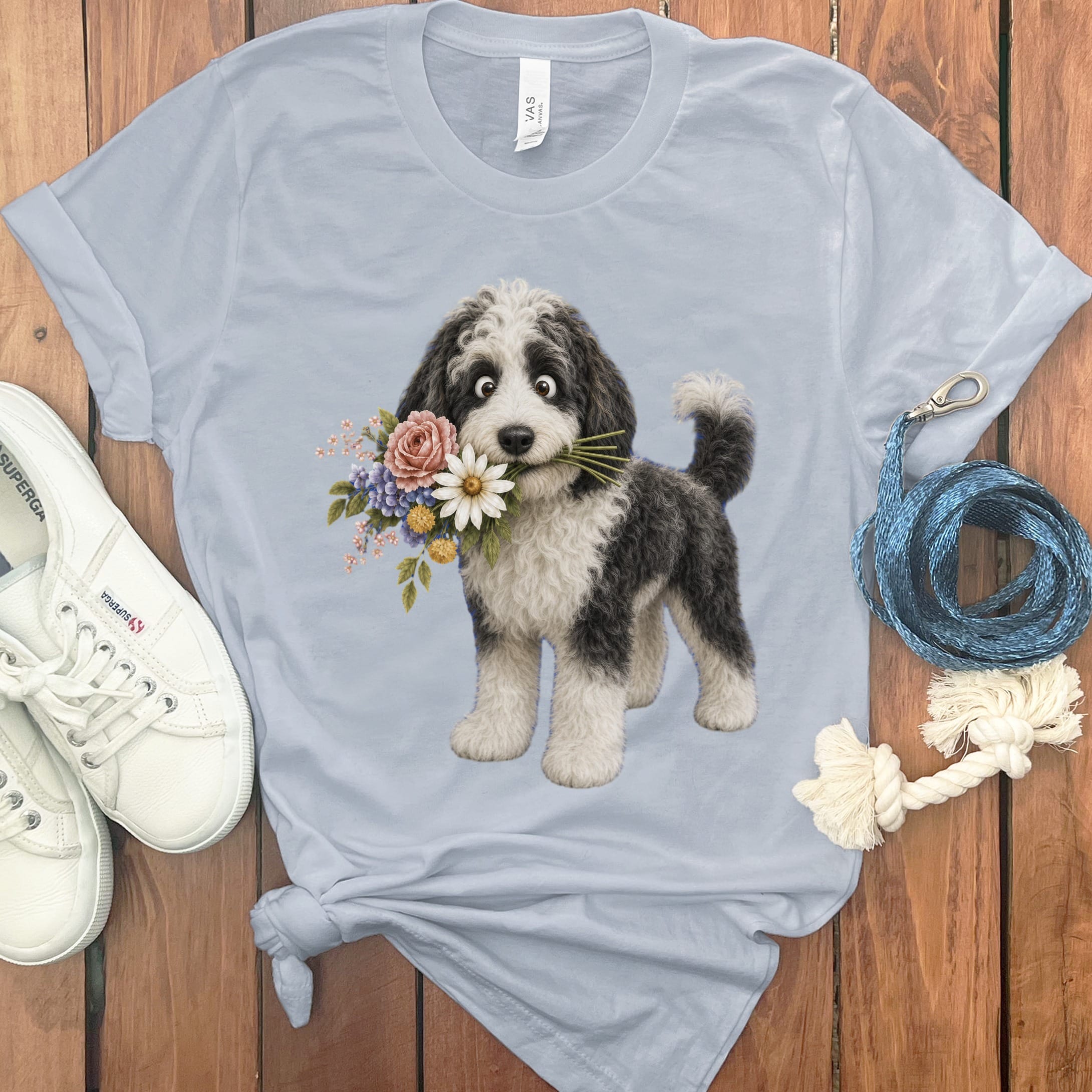 Sheepadoodle Flower Shop T-Shirt in Light Blue / S by Puppy Jo