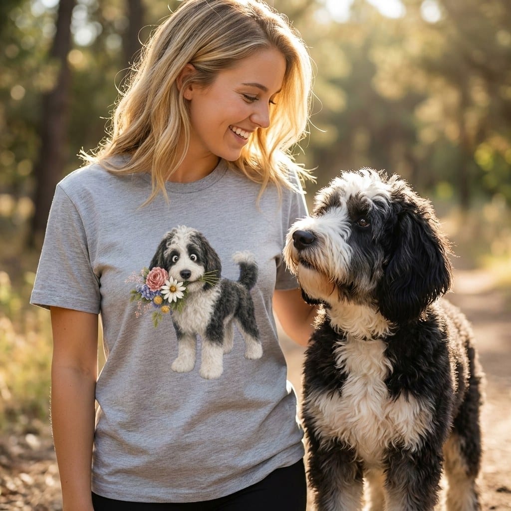 Sheepadoodle Flower Shop T-Shirt in by Puppy Jo