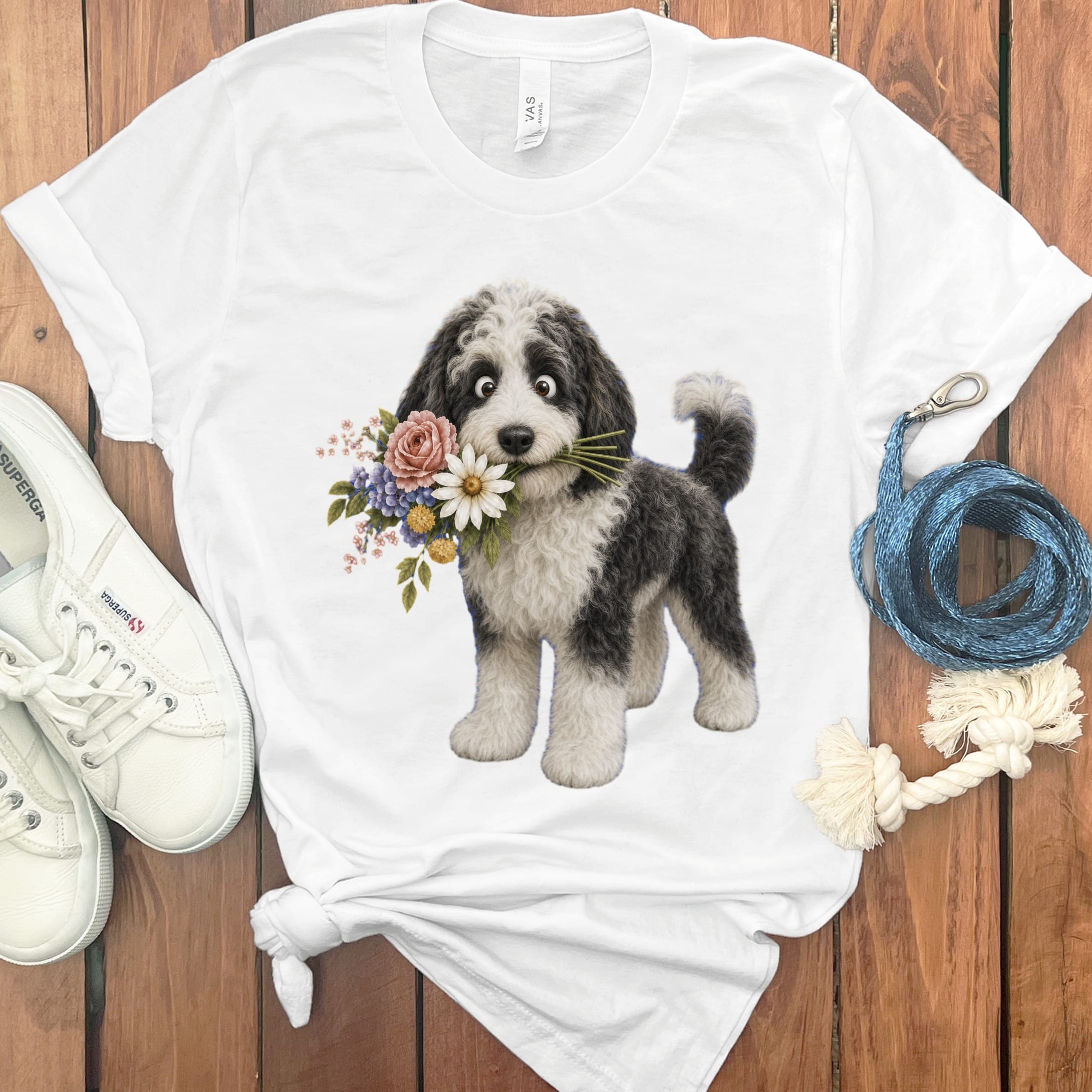 Sheepadoodle Flower Shop T-Shirt in White / S by Puppy Jo