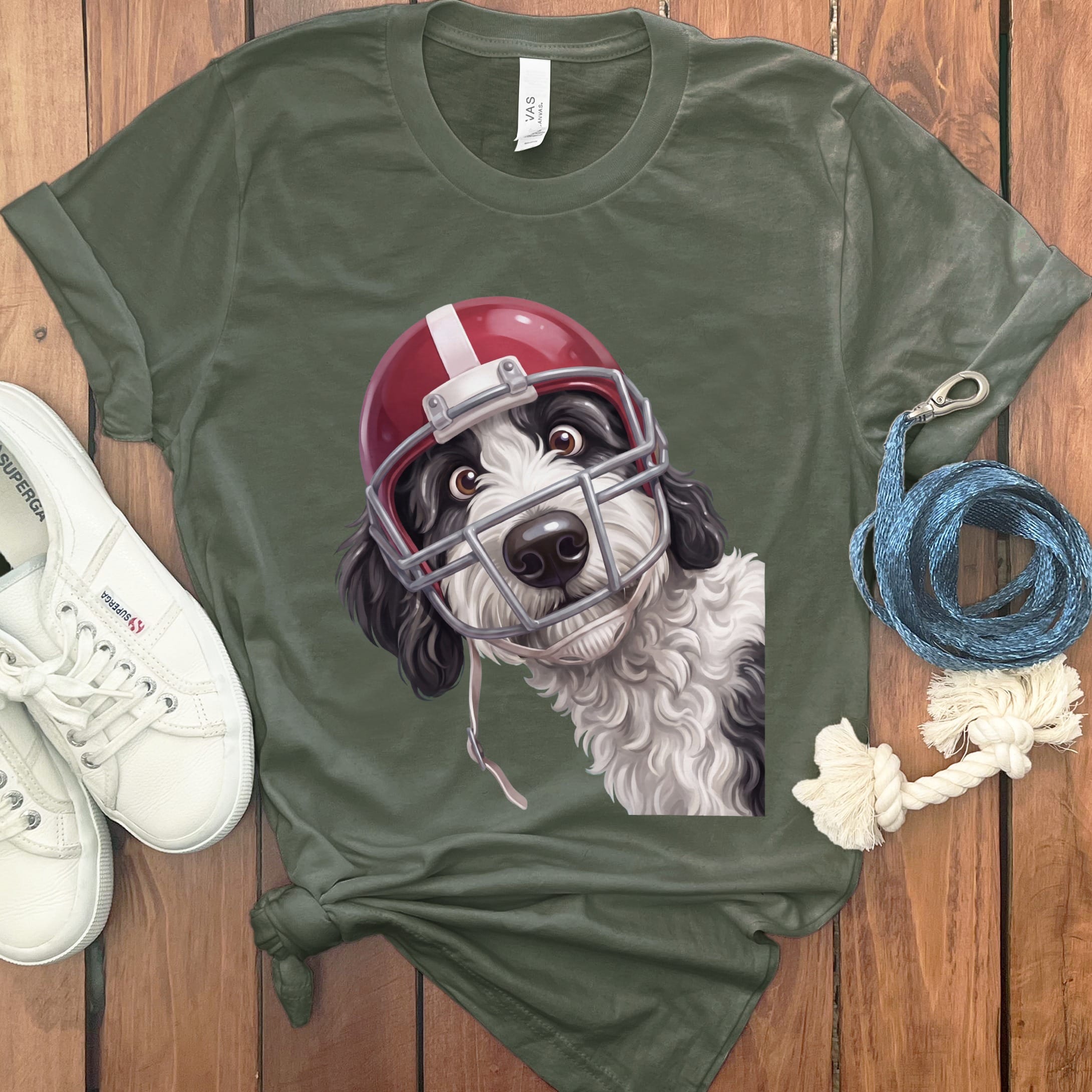 Sheepadoodle Football Helmet T-Shirt in Military Green / S by Puppy Jo
