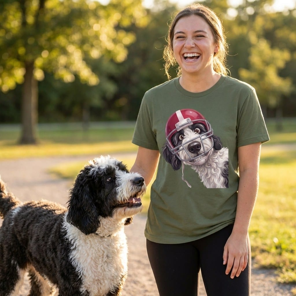 Sheepadoodle Football Helmet T-Shirt in by Puppy Jo