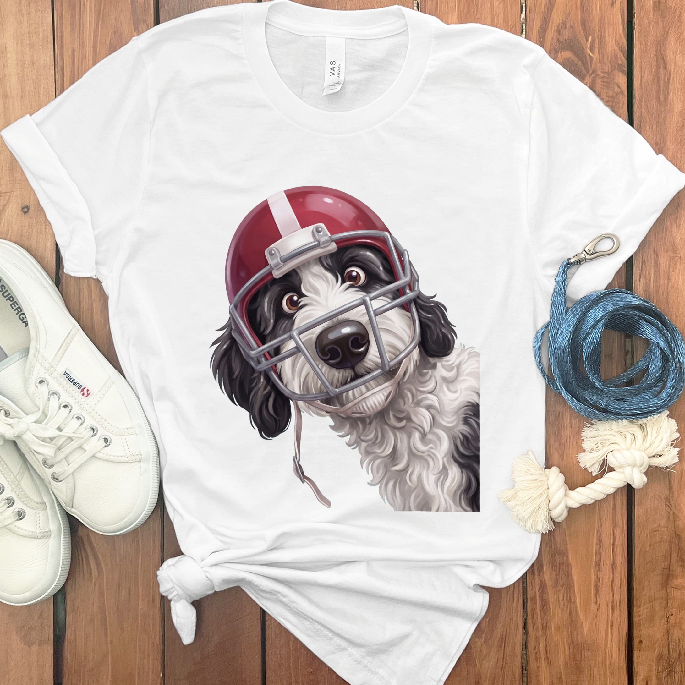 Sheepadoodle Football Helmet T-Shirt in White / S by Puppy Jo