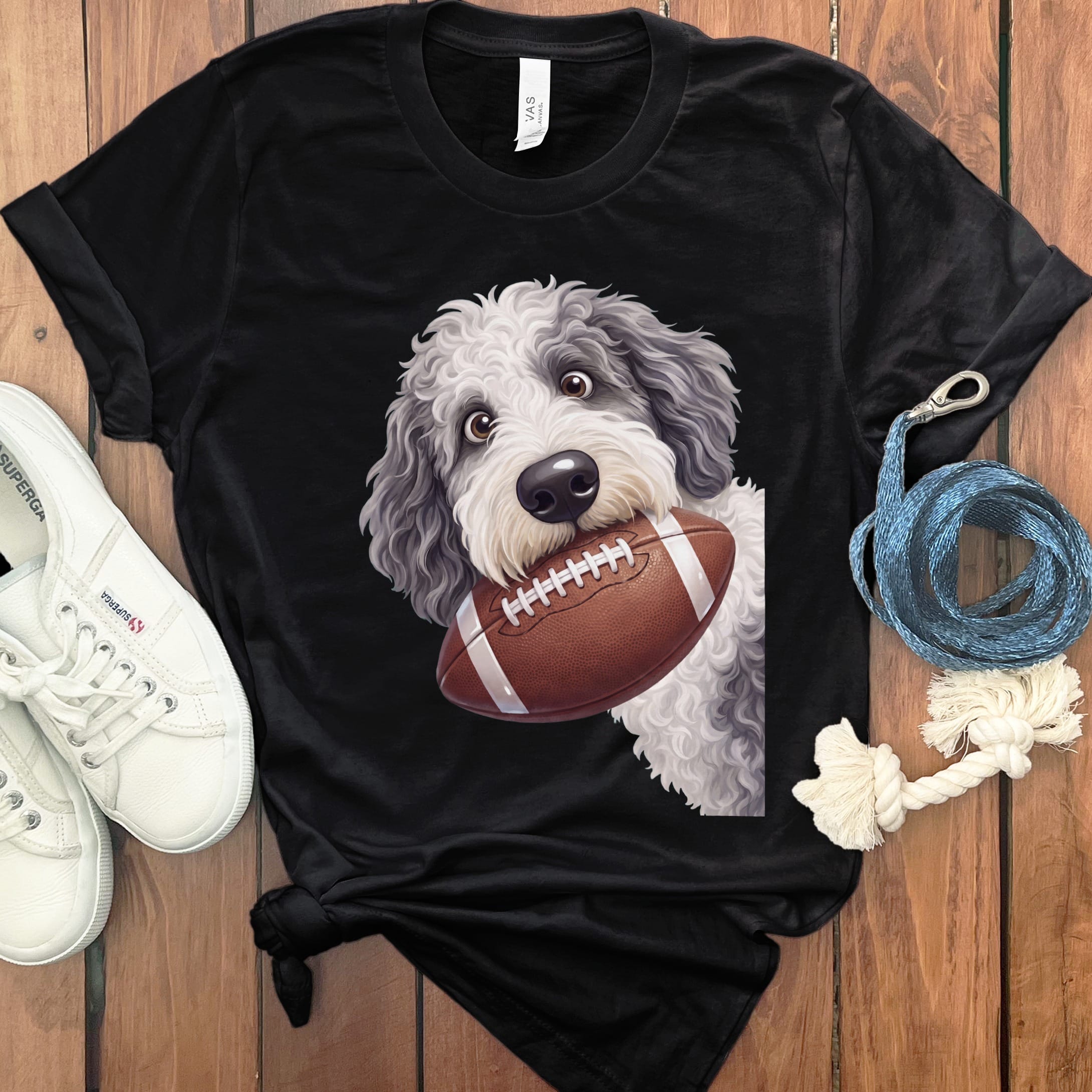 Sheepadoodle Football T-Shirt in Black / S by Puppy Jo