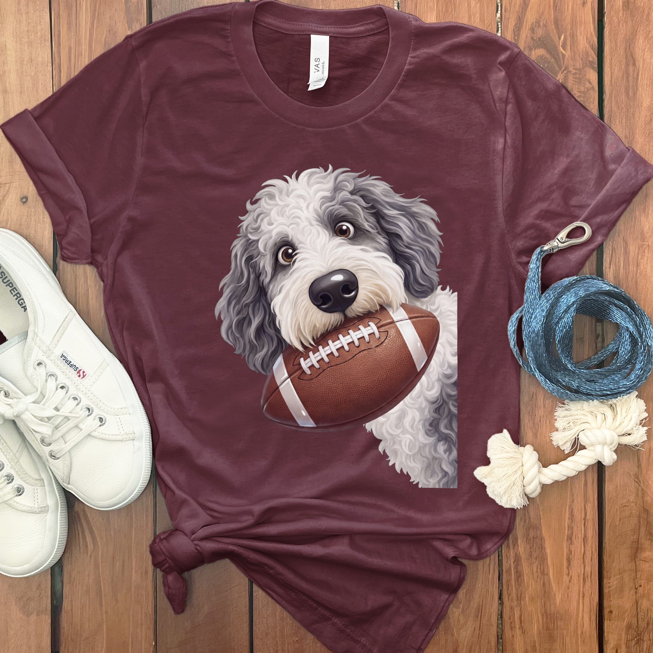Sheepadoodle Football T-Shirt in Maroon / S by Puppy Jo