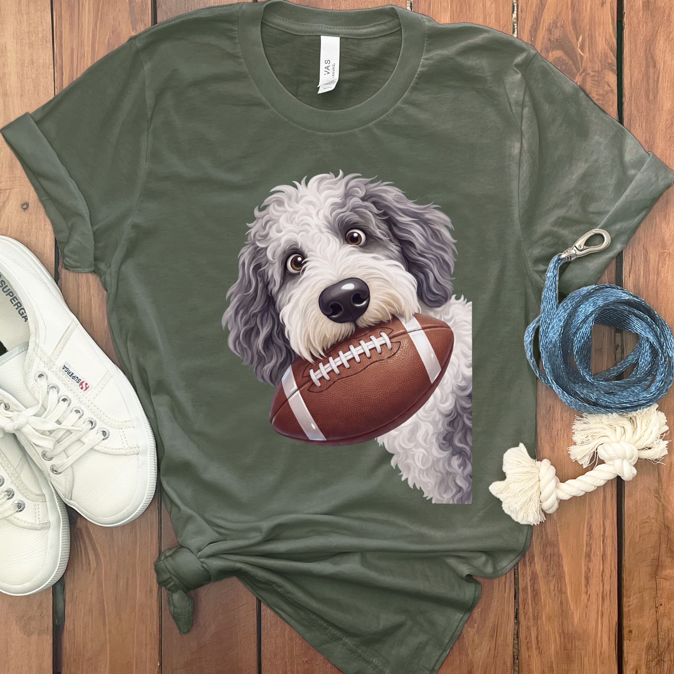 Sheepadoodle Football T-Shirt in Military Green / S by Puppy Jo
