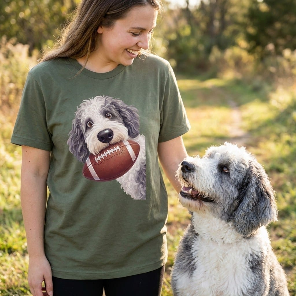 Sheepadoodle Football T-Shirt in by Puppy Jo