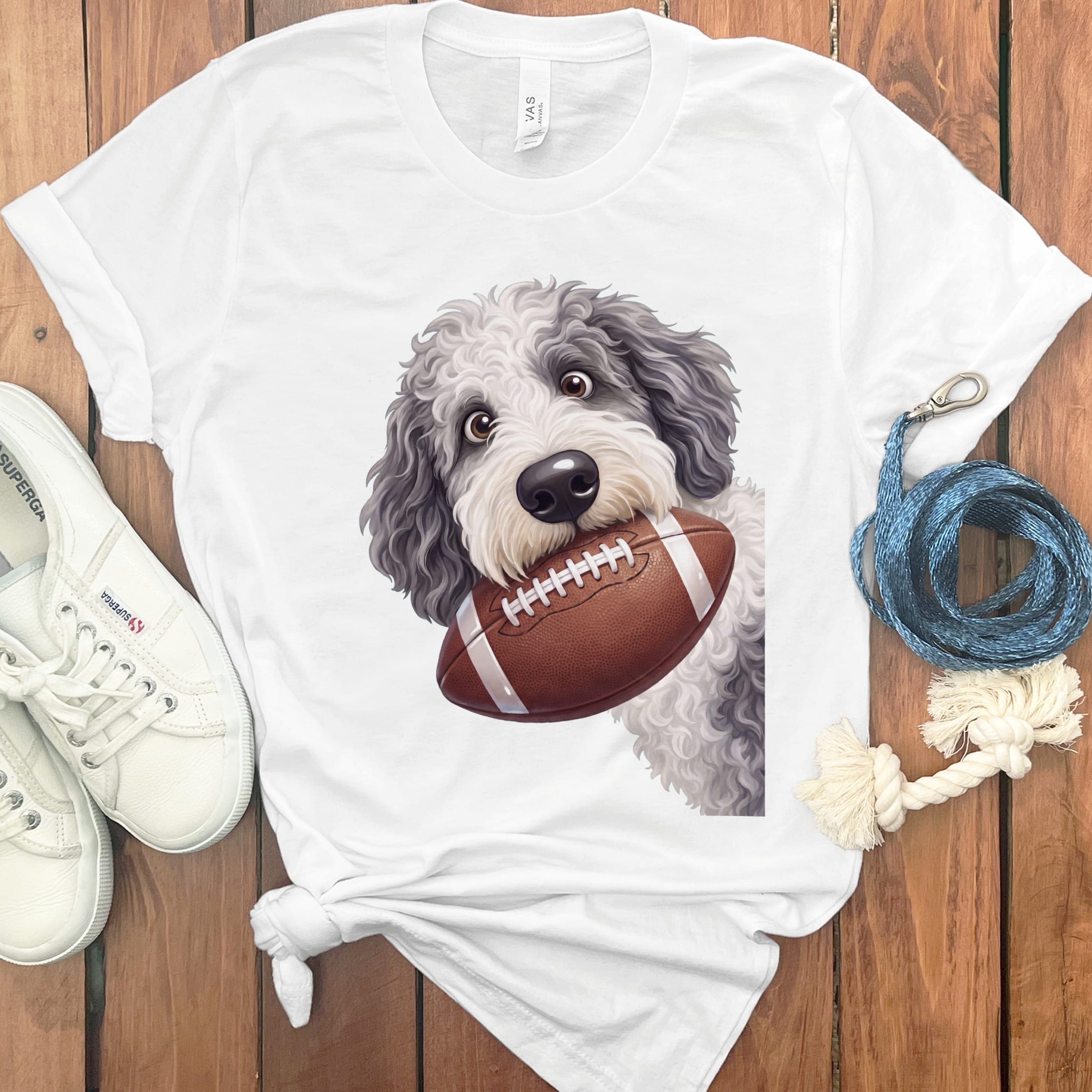 Sheepadoodle Football T-Shirt in White / S by Puppy Jo